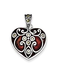 Sterling Silver Red Enamel & Marcasite Heart Pendant 28mmx21mm
