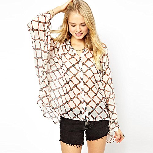 欧米西欧スタイル レディース シングルブレストのチェック柄プリント ボーダー袖プリーツシフォンブラウスシャツ