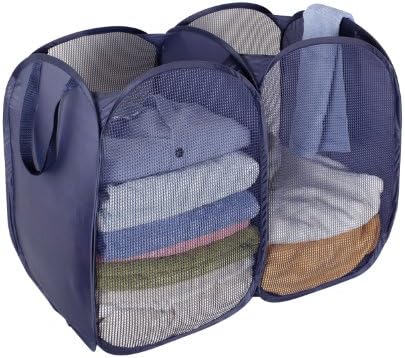 StorageIdeas®Dark Blue Foldable Pop-Up Mesh Hamper, 2-compartment Clothes Laundry Hamper