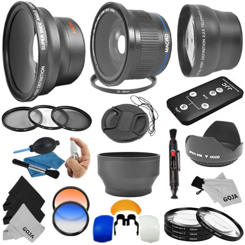 Essential Lens and Filter Kit for 58MM CANON REBEL and EOS Series Cameras including T3i T2i T1i XT XTi XSi 60D 7D - Includes: Professional .40x Super Wide Fisheye Lens + 0.43x Wide Angle Lens + 2.2x Telephoto Lens + Wireless Remote Control + Macro Close-Up Set + Hard Tulip Lens Hood + Collapsible Lens Hood + Center Pinch Lens Cap + Filter Kit (UV, CPL, ND8) + 2 Color Filters + Flash Diffuser Set + Lens Cleaning Pen + Deluxe Cleaning Kit + 3 MagicFiber Microfiber Cleaning Cloths and Keychain