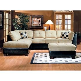 2 pc Beige microfiber and Chocolate vinyl sectional sofa set with optional ottoman