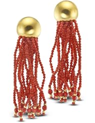 Coral And Yellow Gold Plated Silver Long Multi-Strand Dangling Earrings