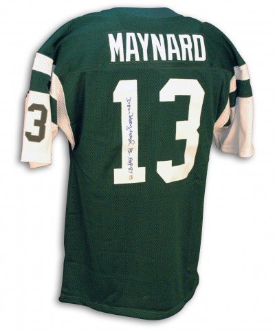 Don Maynard Jets Autographed/Hand Signed Green Jersey with HOF 87 Inscription
