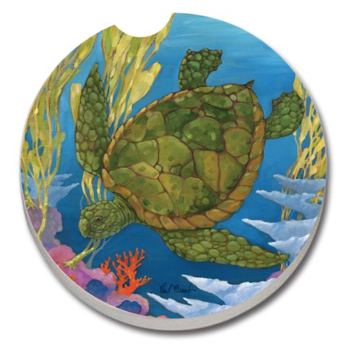 CounterArt Absorbent Stoneware Car Coaster, Green Sea Turtle