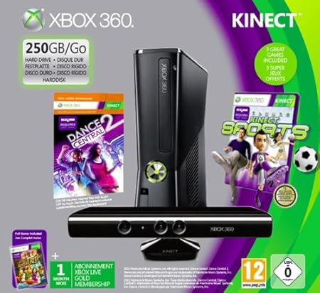 Xbox 360 - Console 250 GB con Sensore Kinect, 3 giochi e Abbonamento Xbox Live Gold 1 Mese [Bundle]