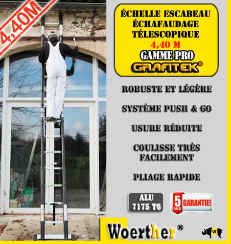 ECHELLE TELESCOPIQUE WOERTHER 4M40 GRAFITEK TRIPLE FONCTION ESCABEAU ÉCHAFAUDAGE - GARANTIE 5 ANS ECHELLE TELESCOPIQUE WOERTHER 4M40 GRAFITEK TRIPLE FONCTION ESCABEAU ÉCHAFAUDAGE - GARANTIE 5 ANS
