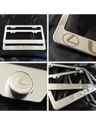 Polish Chrome Laser Engraved Lexus and Is250 Stainless Steel USA License Plate Frames with Engraved Steel Logo Screw Cap Combo 12.25" X 6.5"