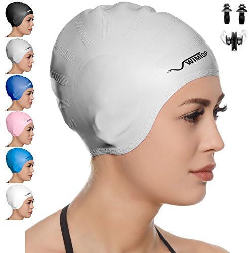 Premium Silicone Swim Cap for Long Hair + Nose Clip and Ear Plug (grey)