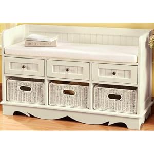 French Country 3 - basket Bench W/ Drawers - Ivory Fabric, IVORY 42W, DSTRSSD ANT WHT