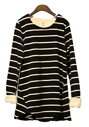 ワンピース 3色 ストライプ柄 ボーダー  ラウンドネックネック コットンワンピース あったかウールライナー 裏起毛 ゆったり 長袖 カジュアル 秋冬 クマのぬいぐるみ付き K-1602