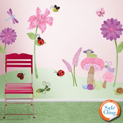 Bugs and Flowers Wall Stickers - Repositionable & Removable Floral Theme Wall Decals for Girls Room