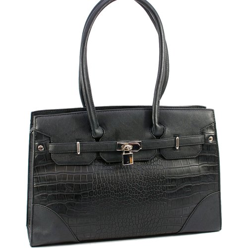 Dasein Women's Fashion Croco Embossed Leather Like Shoulder Bag Handbag -Black