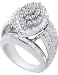 2.00 Carat (ctw) 10K White Gold Round & Baguette Cut White Diamond Ladies Cluster Right Hand Ring 2 CT