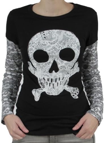 Lace Glitter Skull Layered Long Sleeve T-Shirt Halloween Junior Top (XL)