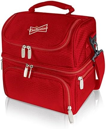 Red Cooler Bag as Insulation Lunch Box with Budweiser in Digital Printing and Isolated Sections for Water Cooler and Hot Meals