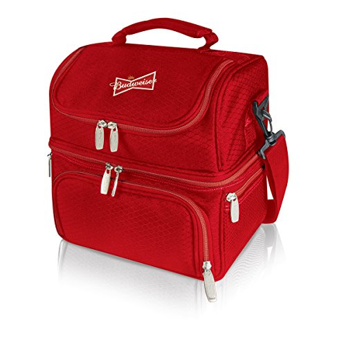 Red Cooler Bag as Insulation Lunch Box with Budweiser in Digital Printing and Isolated Sections for Water Cooler and Hot Meals