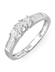 14k White Gold Brilliant Round & Baguette Cut Diamond Ladies 3 Stone... by DazzlingRock Collection