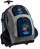 FLAMINGO Rolling Backpack Deluxe Navy Pink Flamingos - Backpacks Bags with Wheels or School Trolley Carry-On Bags - Unique Gifts