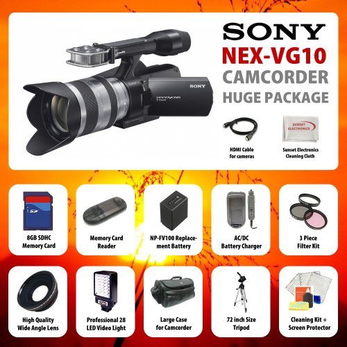 Brand New Sony NEX-VG10 Interchangeable Lens Handycam Camcorder With Supreme Handycam Accessory Kit Package Includes 8GB High Speed Memory Card, Professional 3 Piece Filter Kit, HDMI Cables, 72 Inch Professional tripod, Extra large Carrying Case, Extended Life 8 Hour Battery Pack, Rapid AC/DC Charger, Professional Fisheye Lens, Pro 25 Pin LED Video Light, + More Brand New Sony NEX-VG10 Interchangeable Lens Handycam Camcorder With Supreme Handycam Accessory Kit Package Includes 8GB High Speed Memory Card, Professional 3 Piece Filter Kit, HDMI Cables, 72 Inch Professional tripod, Extra large Carrying Case, Extended Life 8 Hour Battery Pack, Rapid AC/DC Charger, Professional Fisheye Lens, Pro 25 Pin LED Video Light, + More
