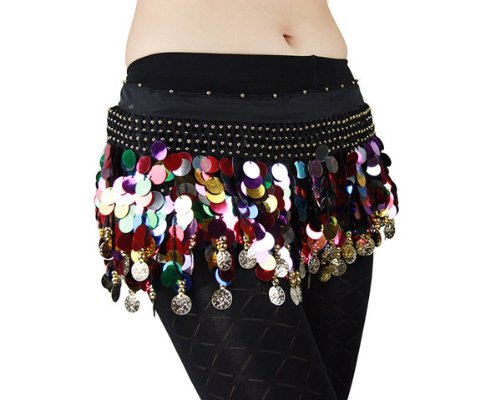 Chiffon Gold Coins Belly Dance Hip Scarf With Colorful Paillettes, Lively Style -black