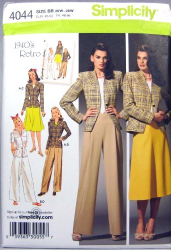 Simplicity Sewing Pattern 4044 1940's Retro Misses'/Women's Skirt, Pants and Lined Jacket Sizes 20W-28W
