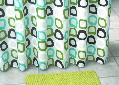 Duschvorhang Textil ~ Motiv: Retro / Quadrate ~ Farbe: weiß türkis grün und schwarz ~ Maße: 180 x 200 cm ~ 100 % Polyester ~ mit 12 Ösen ~ ohne Duschringe
