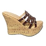 Strappy Buckles Platform Cork Wedge Sandals Brown 4-10
