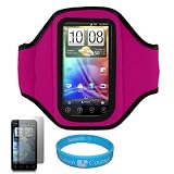 Magenta Moisture Resistant Neoprene Workout Armband for Sprint HTC EVO 3D Android Smartphone + Scratch Guard Clear Clear Screen Protector + SumacLife TM Wisdom Courage Wristband