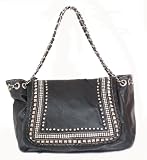 Black Leather Handbag - Rhinestone Frame Chain-Strap Hobo
