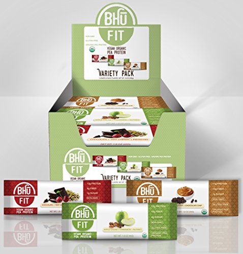 Bhu Fit - Vegan Protein Bars, Gluten Free, Non-Gmo Variety Pack Of 12 (4 Of Each Bars, 3 Flavors) (616453892811)