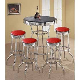 4 Red Glitter Vinyl Barstools and Black Table Set by The Furniture Cove