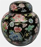 Chinese Oriental Porcelain Ginger Jar - Black with Flowers