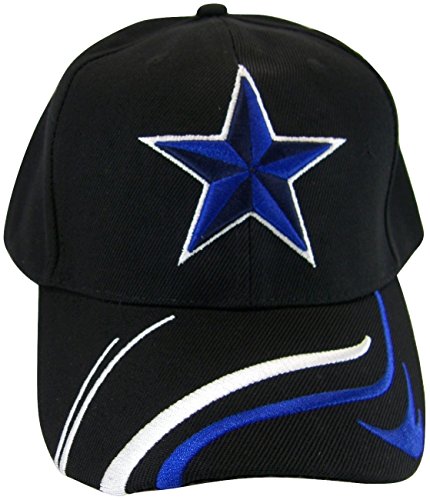 Dallas Adjustable Bent Brim Baseball Cap with Stripes on Bill (Black Star)