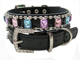 Bellas Swarovski Large Colored Rhinestones with White Crystals Luxury Leather Rhinestone Dog Collar, Black - Large 18"