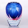 Hand Blown Blue & Pink Sommerso Oval Art Glass Vase with Polished Stripes 5.5" tall