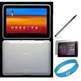 Semi Transparent White Flexi TPU Silicone Skin Cover with Side Grip for Samsung Galaxy Tab 10.1-inch Tablet fits all Model (16GB, 32GB) + Scratch Guard Clear Screen Protector + Dual Sided Soft Touch Stylus Pen + SumacLife TM Wisdom Courage Wristband