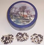 Scott's Cakes 1 lb. Dark Chocolate Covered Pretzel with Chocolate Chips & White Chocolate Chips in a Homestead Tin