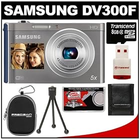 Samsung DV300F Smart Dual LCD Wi-Fi Digital Camera (Silver/Blue) with 8GB Card & Reader + Case + Tripod + Accessory Kit