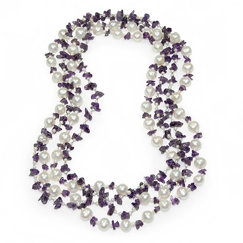 2 Strand of Freshwater Pearl and Amethyst Chips with Sterling Silver Necklaces 36 Inch