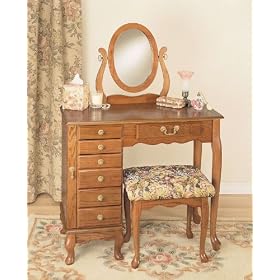 Jewelry Armoire Vanity Set with Queen Anne Style in Nostalgic Oak Finish