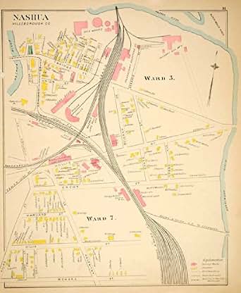1892 Lithograph Map Nashua New Hampshire NH Hillsborough County City Wards Urban - Original ...