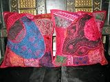 2 Pink Gujrati Embroidered Sari Toss Pillow Cushion Covers