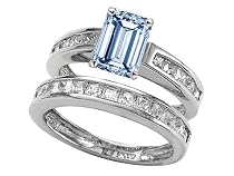 3.00 cttw Sterling Silver 14K White Gold Plated Lab Created Emerald Cut Aquamarine Wedding Set - Gold Plated Silver