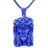 Blue Plated Mens Hip Hop Iced CZ Cubic Zirconia Micro Pave Religious Jesus Face 3.5 in x 2 in Pendant (FREE 38 in Franco chain)