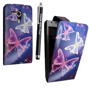 SONY XPERIA SP M35H PU LEATHER MAGNETIC FLIP CASE SKIN COVER POUCH +SCREEN PROTECTOR +STYLUS (Blue Butterfly Flip)