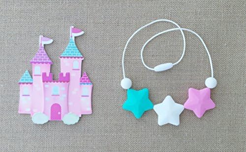 Silicone Necklace for Girls, Toddler Teething Necklace,Triple Star Necklace with White, Pink, and Turquoise