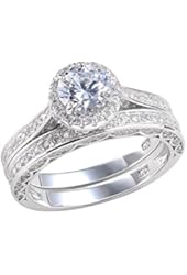 Newshe Jewellery Alice 2.4 Carat Round White CZ 925 Solid Sterling Silver Wedding Band Engagement Ring Set