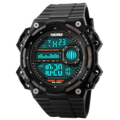 Men s Big Digital 50M Waterproof Electronic Unique Round Sport Watch Large Face Sillicone Band Heavy Duty Army Military 24H Time LED Back Light 164FT Water Resistant Calendar Date Day -Titanium Black