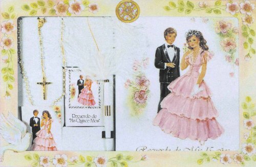 Quinceanera Guest Book Set – ENGLISH – XV Missal – Guest Book – Crystal Rosary – White Feather Pen