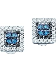 Aqua Blue Diamond Stud Earrings 14k White Gold Square (1/3 Carat)